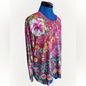 Floral Striped Long-Sleeve Women's Top - Pink Multicolor